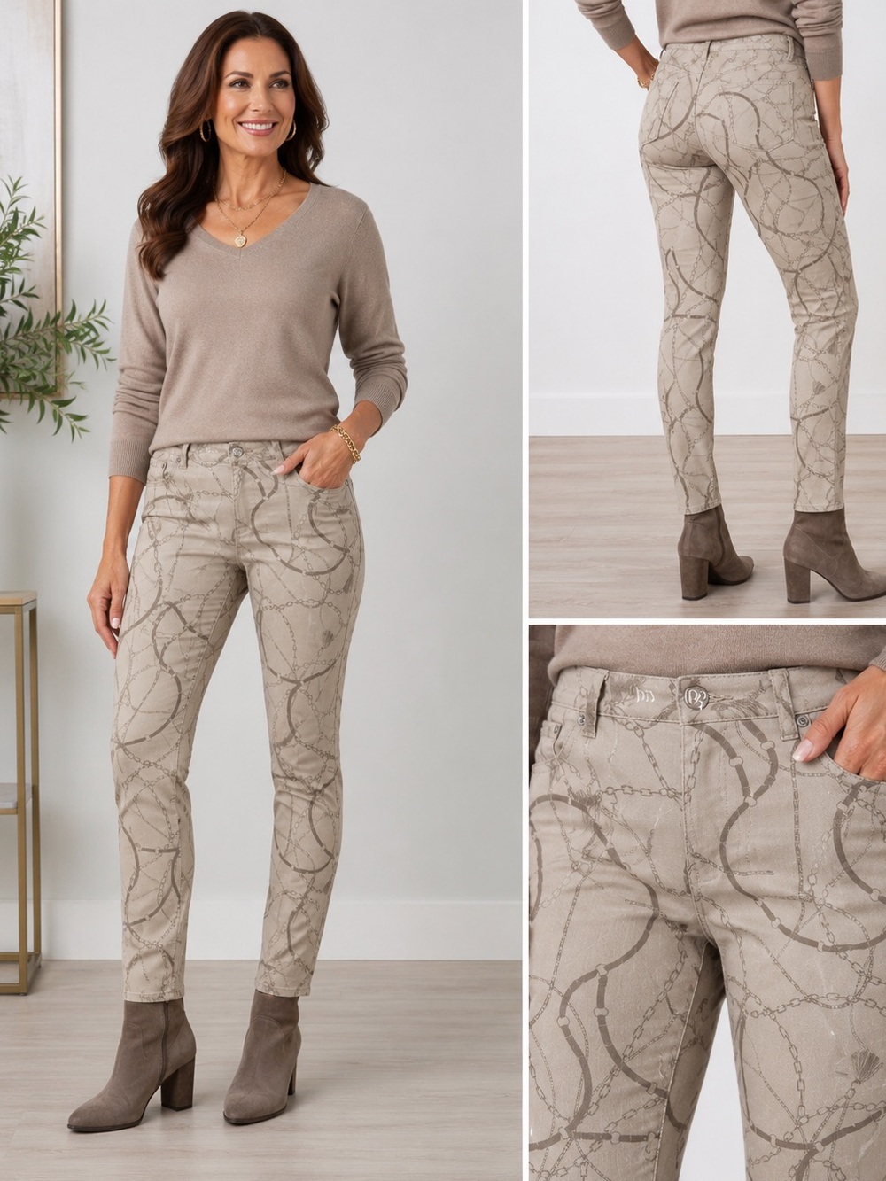 Neutral Chain-Print Skinny Pants